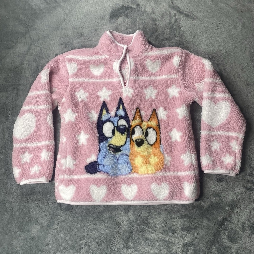 Bluey Sherpa Quarter Zip Sweater Girls Small 6/7 Pink Hearts Bingo Cozy Soft